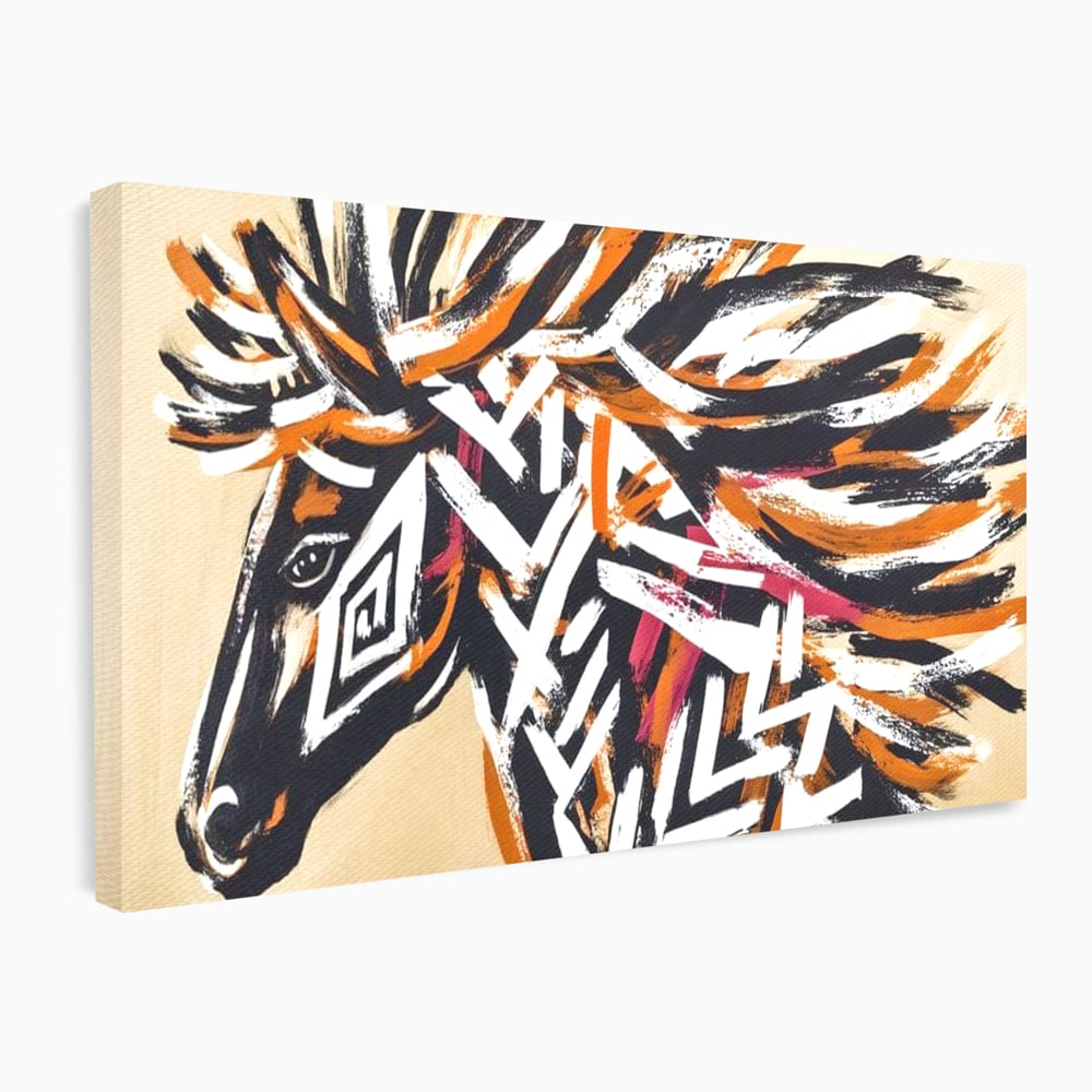 Tablou canvas cu pictura cu cap de cal tribal, fara rama, pe sasiu de lemn